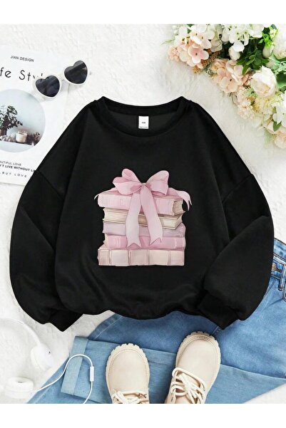 Oceanwear Women's Bow Book Printed Oversized Crew Neck Sweatshirt