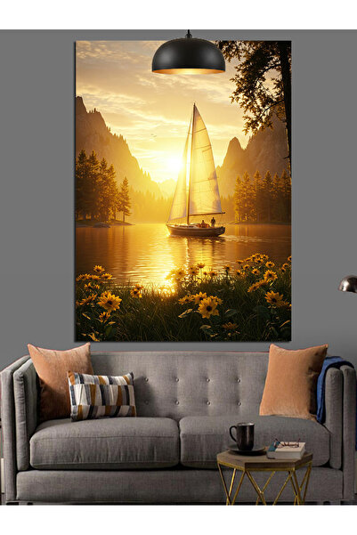 KanvasSepeti Sunset Sailboat Pictură în ulei de înaltă calitate texturat Canv...