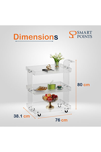 SP SMARTPOINTS Clear Acrylic 3-Tier Bar Cart, Rolling Trolley, 76x38x80 cm