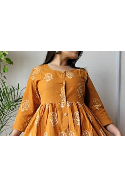 IndHeritage Premium pure cotton dark yellow dress with white floral bagru prints for women