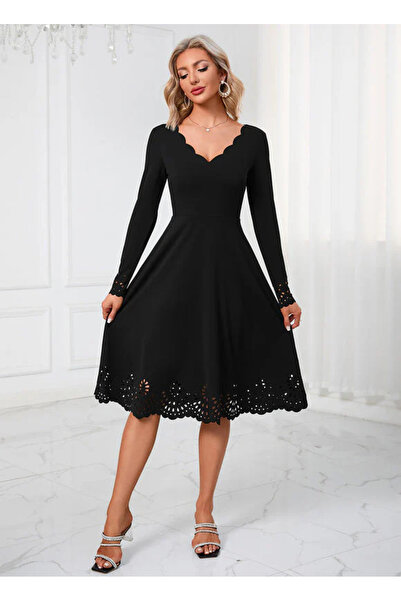 JANES Γυναικείο μακρυμάνικο φόρεμα με λαιμόκοψη σε σχήμα V με λεπτομέρεια κοπής με λέιζερ, φόρεμα για ειδικές περιστάσεις