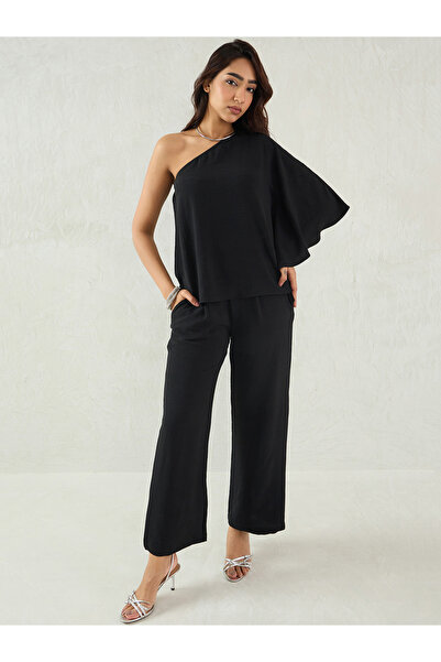 Femmella By Styli Black One Shoulder Top and Trousers Co-Ords