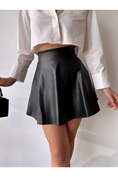 Zerenyus Short Leather Bell Skirt Black