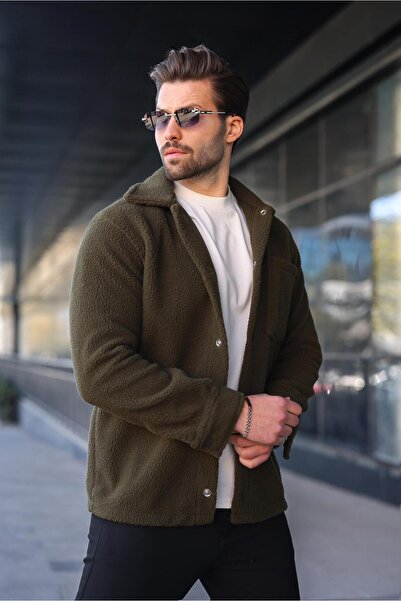 Madmext Ανδρικό πουκάμισο με πλαϊνές τσέπες με κούμπωμα χακί E6769