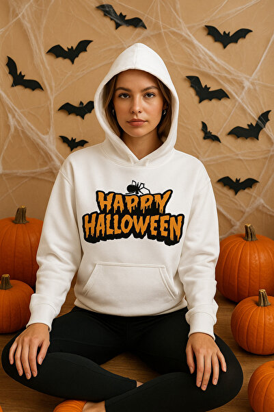 ocke Women's White Halloween Printed Hooded Hoodie Sweatshirt