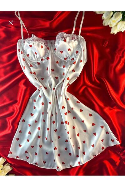 HAMA LOVE Kadın Beyaz Kalpli Saten Gecelik