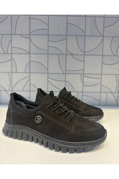 Anıl Ayakkabı B1 4320 Women's Black Nubuck Genuine Leather Rubber Laces Non-Slip Sole Daily Sports Comfortable Shoes