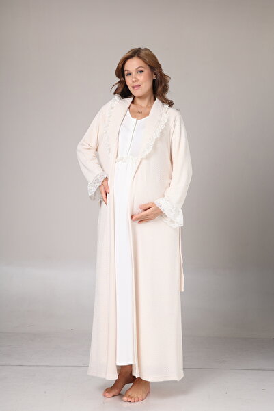 BLACKMORE Women's Ecru Full Length Winter Cotton Maternity Nightgown-Dressing Gown Set
