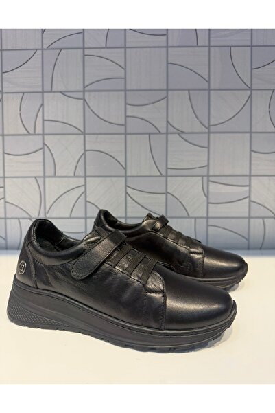 Anıl Ayakkabı B1 4080 Women's Black Genuine Leather Orthopedic Velcro Daily Comfortable Sports Shoes
