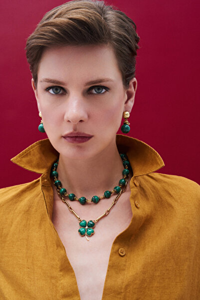 Mon Reve Innerlight Malahit Natural Stone Needle Earrings