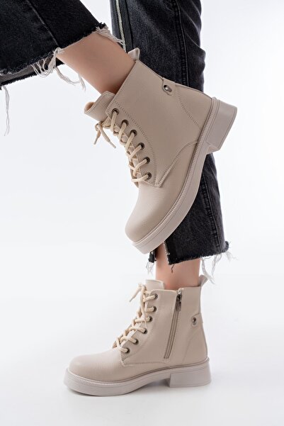 Zerenyus Zri̇n-2003 Premium Beige Galata Lace-Up Zippered Casual Women's Boots