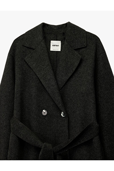 Koton Double-Breasted Long Sleeve Cashmere Coat with Belt Detail and Buttons