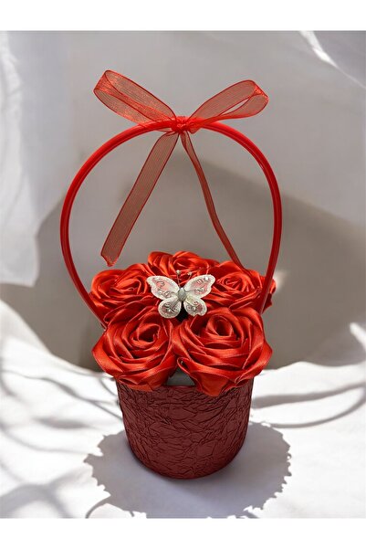 Baalaa Kırmızı Saten Gül Kutu Aranjman–Şık Kelebek Süslemeli-Sevgiliye hediye...