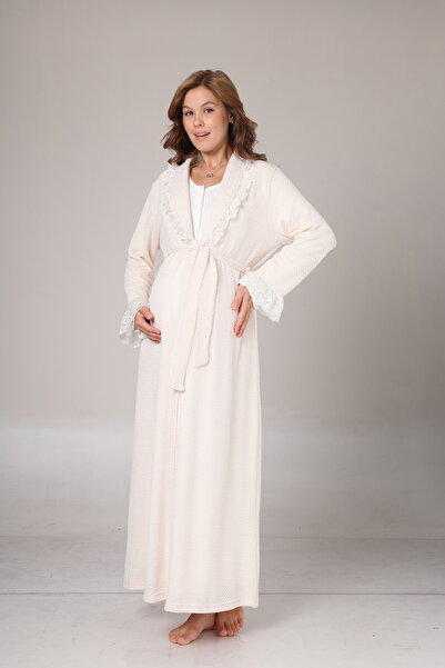 BLACKMORE Women's Ecru Full Length Winter Cotton Maternity Nightgown-Dressing Gown Set