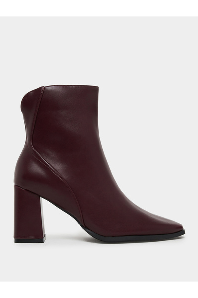 Styli Burgundy Plain Square Toe Block Heel Ankle Boots