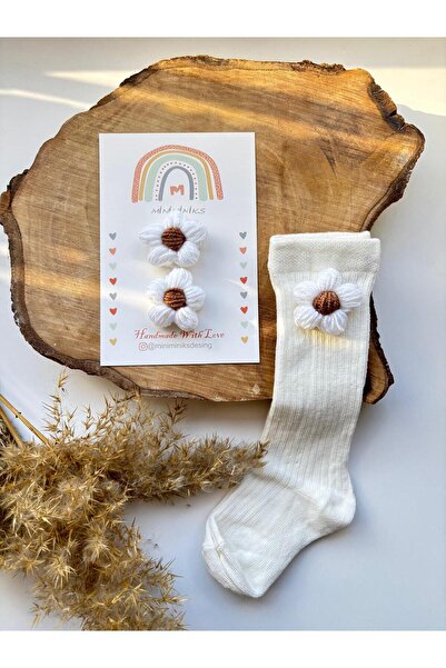 Miniminiksdesing Örgü Çiçek Aksesuarlı Çocuk Bebek Toka Ve Çorap Seti