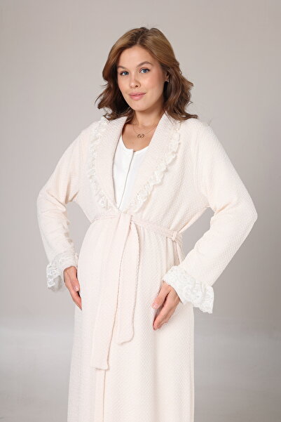 BLACKMORE Women's Ecru Full Length Winter Cotton Maternity Nightgown-Dressing Gown Set