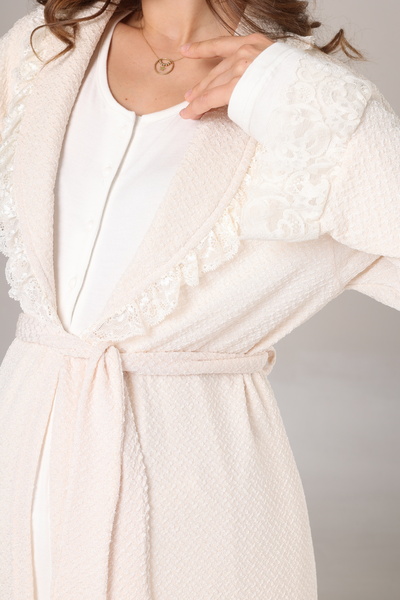 BLACKMORE Women's Ecru Special Lace Design Cotton Winter Maternity Pajamas with Dressing Gown 3-Piece Set