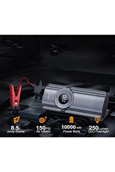 Green Lion Portable Jump Starter with Air Pump, 10000mAh Power Bank, LED SOS Mode - Black