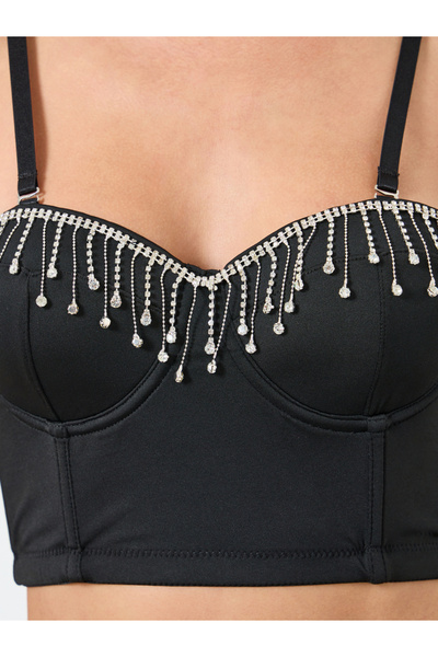 Take Two By Styli Solid Shimmering Shoulder Straps Rhinestone Tassel Detail Wired Bra
