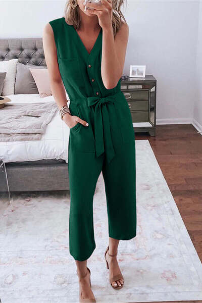 WildFashion Casual/elegant sleeveless jumpsuit with drawstring waist, Green Y670-12