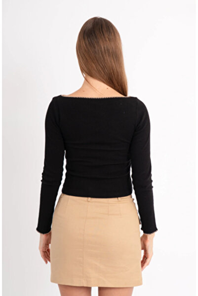 ALCİNOUS 100% Cotton Boat Neck Blouse with Stitching Detail