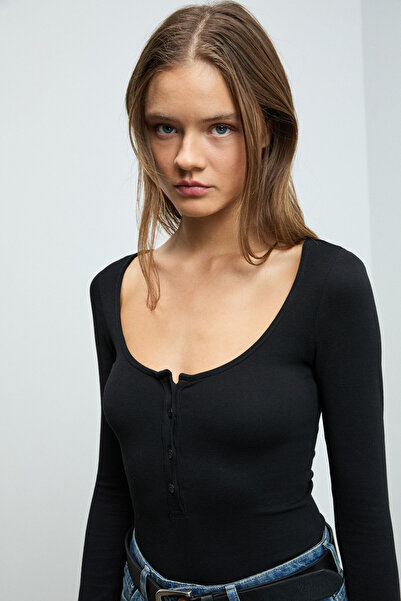 GRIMELANGE Luz Women's Ballerina Collar Half Placket Fitted Black Bodysuit with Slim Fit Snaps