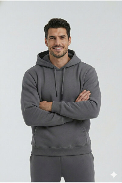 OXVİN Φούτερ με κουκούλα με σκούρο καπνιστό σχέδιο καγκουρό (με βαμβακερή επένδυση)