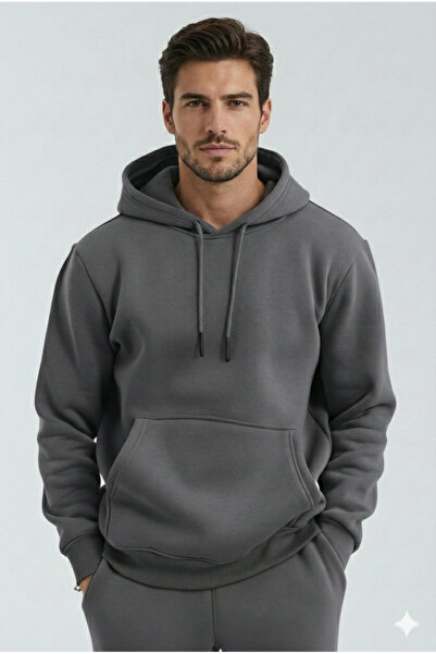 OXVİN Φούτερ με κουκούλα με σκούρο καπνιστό σχέδιο καγκουρό (με βαμβακερή επένδυση)