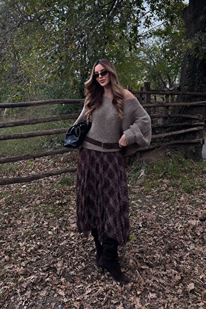 Laluvia Кафява асиметрична пола с квадратен десен - 2210