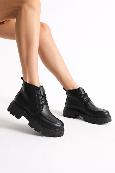 Solo Bag Women's Flat Black Elastic Lace-Up Casual Boots