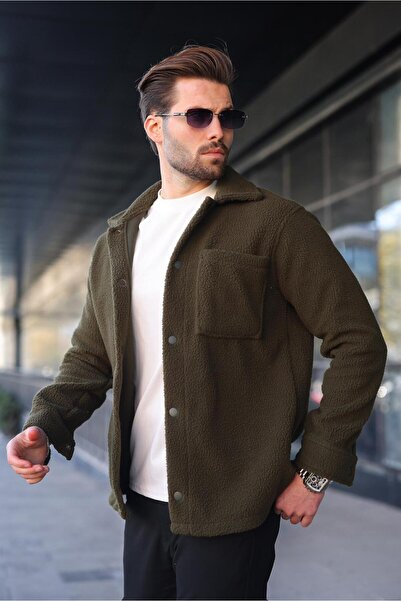 Madmext Ανδρικό πουκάμισο με πλαϊνές τσέπες με κούμπωμα χακί E6769