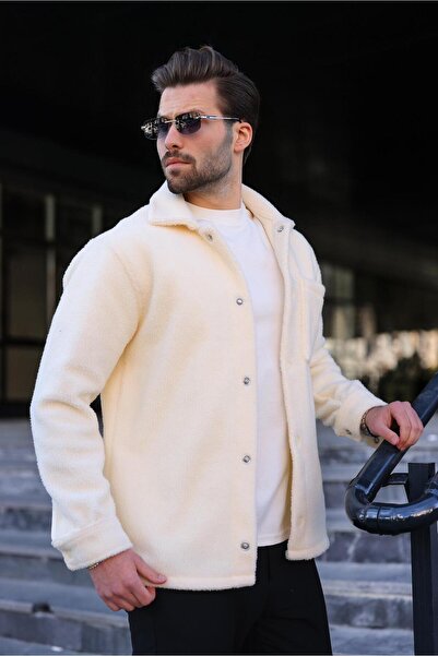 Madmext Ανδρικό παλτό πουκάμισο εκρού με κούμπωμα και πλαϊνές τσέπες E6769