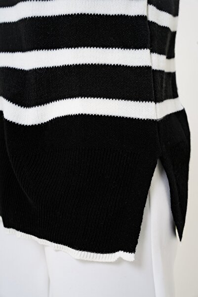 VAGGON Γυναικείο πλεκτό πουλόβερ με ρίγες oversized με ζιβάγκο Prmx13006