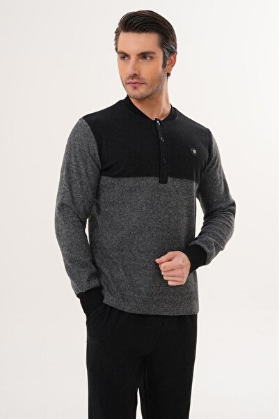 Mecit Pijama Button Collar Long Sleeve Men's Pajama Set