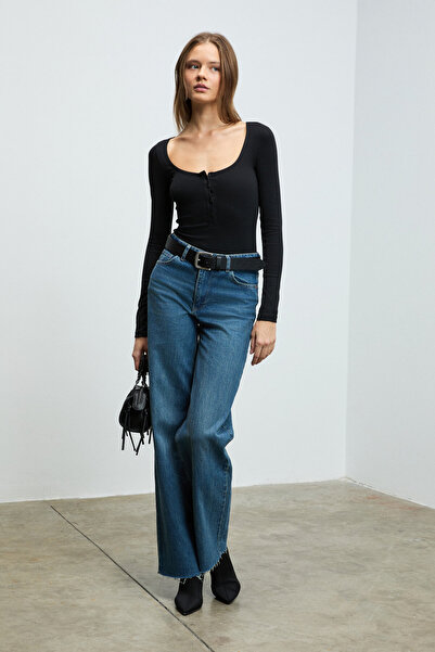 GRIMELANGE Luz Women's Ballerina Collar Half Placket Fitted Black Bodysuit with Slim Fit Snaps