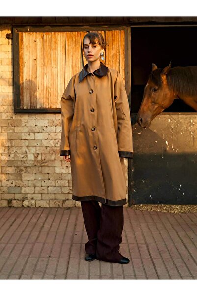 Coral 250462 Deri Yakalı Trençkot Bej