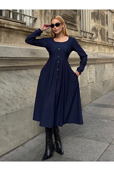 Tubik Women's U-Neck Button Detailed Pocketed Ottoman Fabric Dress