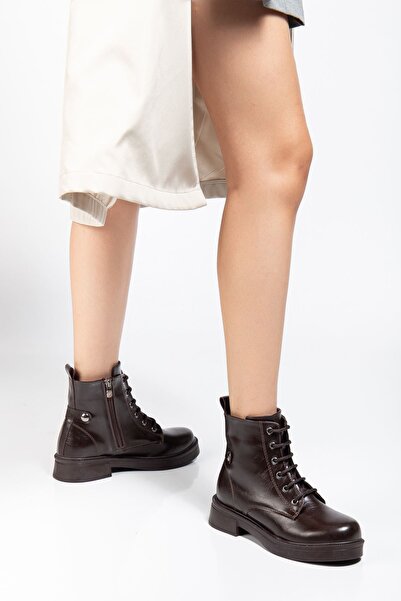 Zerenyus Zri̇n-2003 Premium Brown Wrinkled Patent Leather Lace-Up Zippered Casual Women's Boots