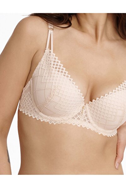 ESOTIQ Push-Up Bra Padded & Underwired Geometric Openwork Lace Pattern Decorative Straps | Innocent