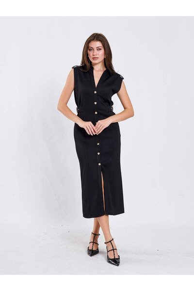 Coral 111636 Omzu Apoletli Örme Elbise Siyah