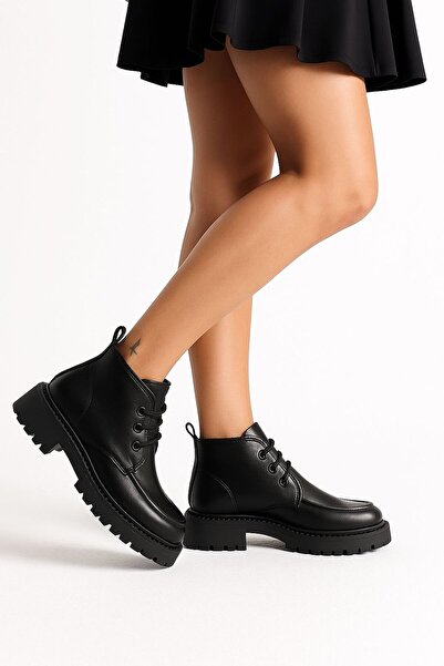 Solo Bag Women's Flat Black Elastic Lace-Up Casual Boots