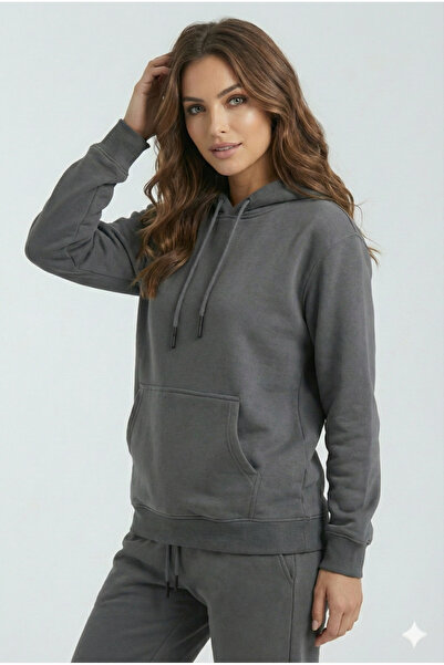 OXVİN Φούτερ με κουκούλα με σκούρο καπνιστό σχέδιο καγκουρό (με βαμβακερή επένδυση)