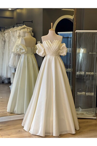 Lenta Wedding Beyaz Işık Saten Drape Detaylı Maxi Boy Nişan Ve Gece Elbisesi