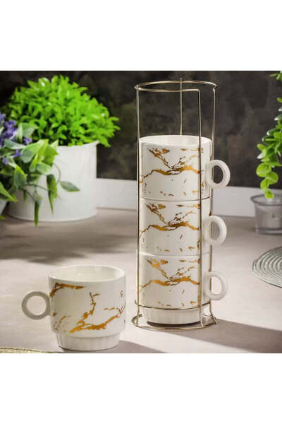 dealshopromania Set de 4 cești ceramice 250 ml marmură albă cu suport metalic...