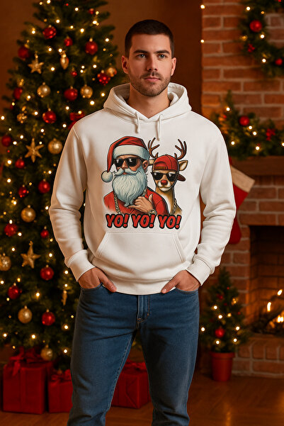 ocke Men's White Christmas New Year Printed Hooded Hoodie Sweatshirt