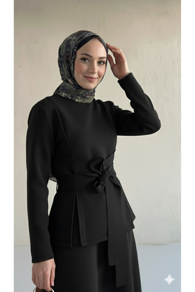 Blue Morpho Scuba Fabric Belt Detailed Skirt Set