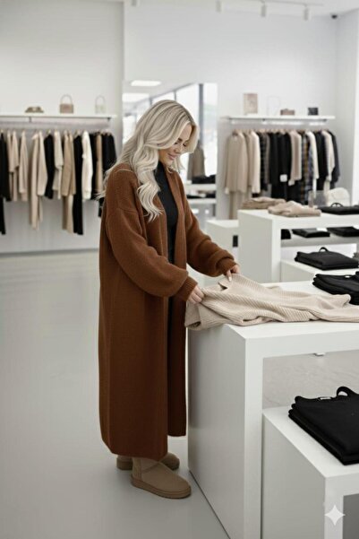 Sfg Life Moda Women's Shawl Collar Oversized Knitwear and Bearded Furry Cardigan