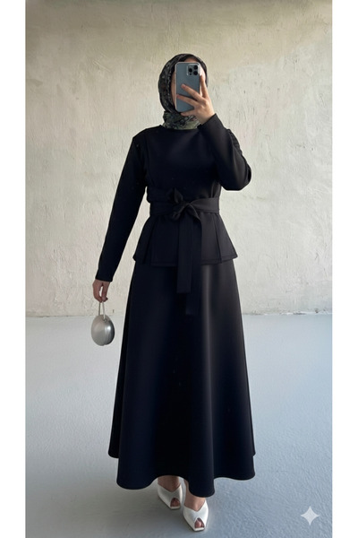 Blue Morpho Scuba Fabric Belt Detailed Skirt Set