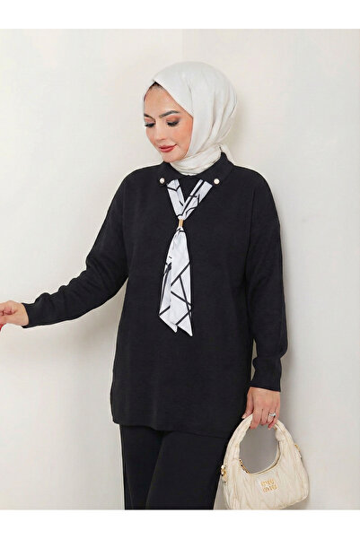 nacar çarşı Tunica de damă din tricot cu mânecă lungă, cu eșarfă neagră și gu...